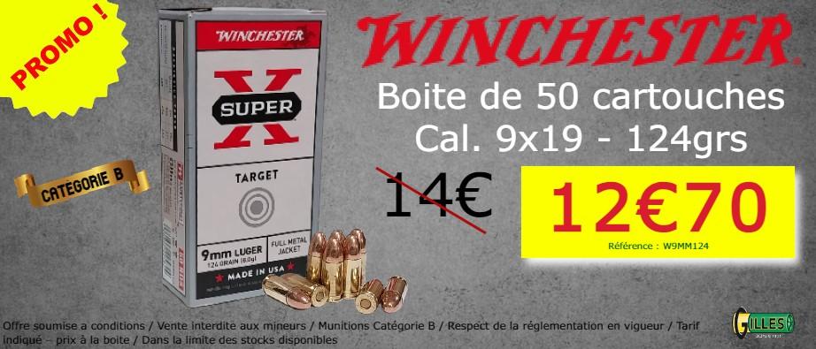Promotion Cartouches 9mm Winchester 124 grs - Tarif annoncé à la boite - Sous limite des stocks disponibles - Respect de la réglementation en vigueur