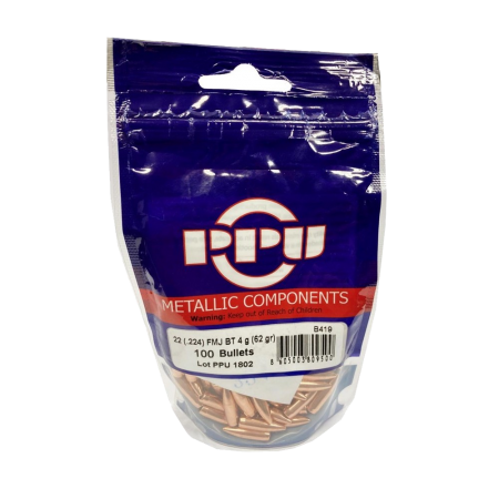 100 ogives P.P.U Partizan calibre 22 (.224) 62 gr / 4 g Full Metal Jacket Boat Tail