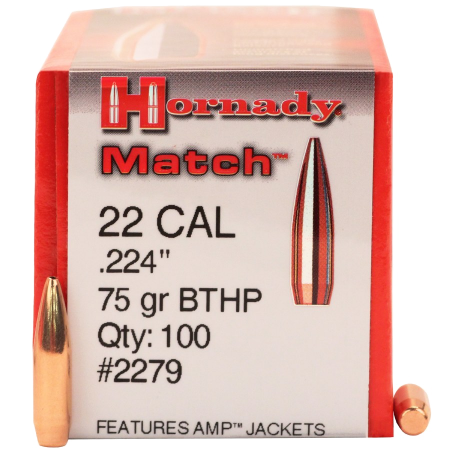 100 ogives Hornady calibre 22 (.224) 75 gr / 4,85 g Hollow Point Boat Tail