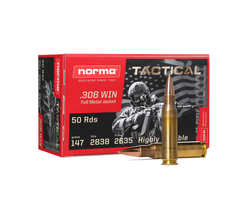 Boite de 50 cartouches NORMA Tactical .308Win FMJ 147gr / 9,5g