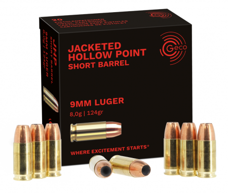 Cartouches GECO 9x19 JHP canon court 124 gr / 8 g
