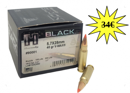 Boite de 25 cartouches HORNADY 5.7x28 mm V-MAX Black 40gr / 2,59g