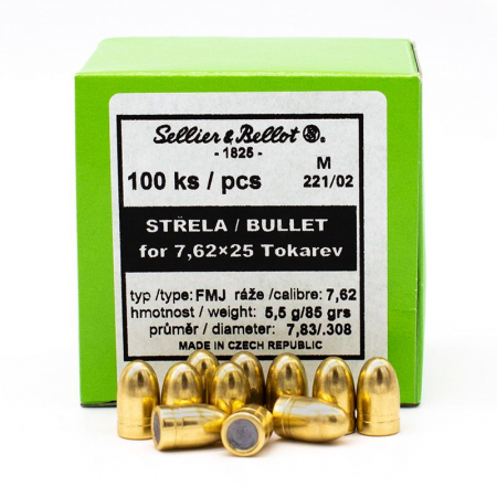 100 ogives Sellier Bellot 7,62 x 25 Tokarev (.308) 85 gr / 5,50 g Full Metal Jacket