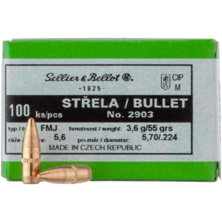 100 ogives Sellier Bellot calibre 22 (.224) 55 gr / 3,56 g Full Metal Jacket