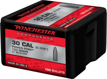 100 ogives Winchester calibre 30 (.308) 150 gr / 9,7 g Power Point Flate Nose