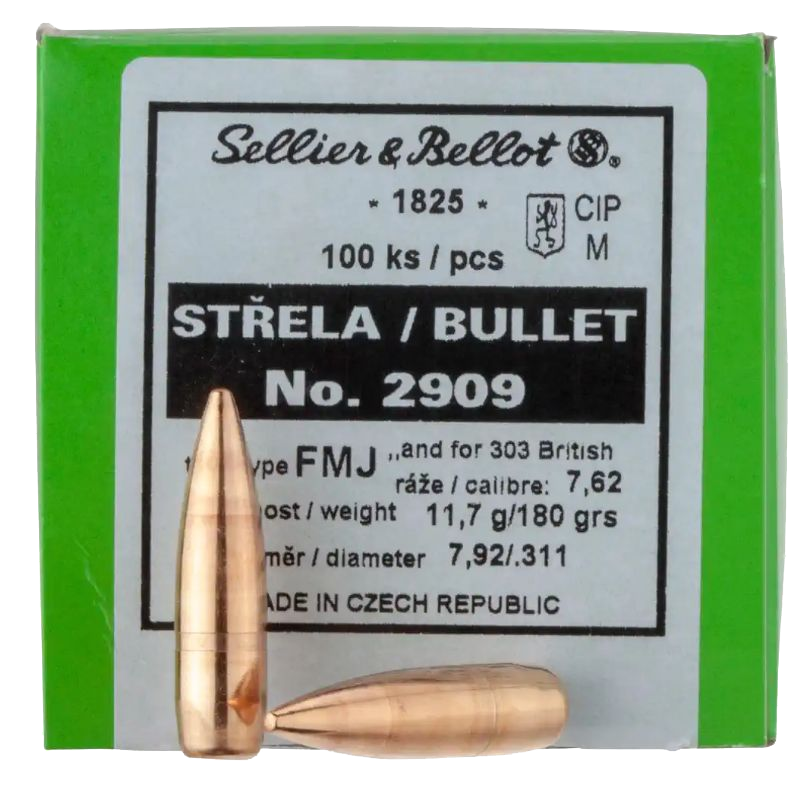 100 ogives Sellier Bellot calibre 7,62 (.311) 180 gr / 11,66 g Full Metal Jacket