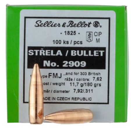100 ogives Sellier Bellot calibre 7,62 (.311) 180 gr / 11,66 g Full Metal Jacket