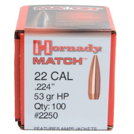 100 ogives Hornady calibre 22 (.224) 53 gr / 3,45 g Hollow Point Match