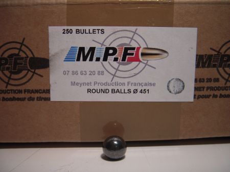 Boite de 250 balles rondes MPF calibre 44 (.451) 138gr / 8,18g