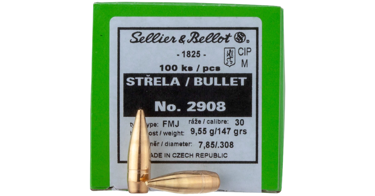 100 ogives Sellier Bellot calibre 30 (.308) 147 gr / 9,52 g Full Metal Jacket
