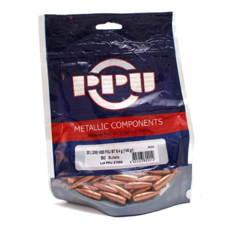 100 ogives P.P.U Partizan calibre 30 (.308) 145 gr / 9,40 g Full Metal Jacket Boat Tail