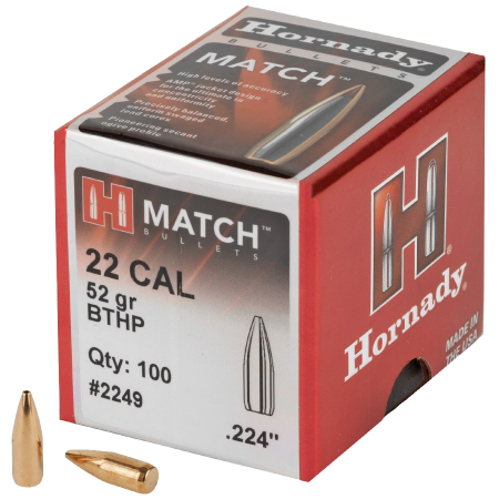 100 ogives Hornady calibre 22 (.224) 52 gr / 3,4 g Boat Tail Hollow Point Match
