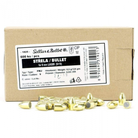 Boite de 600 ogives SELLIER&BELLOT 9mm (.355) FMJ 124gr / 8g