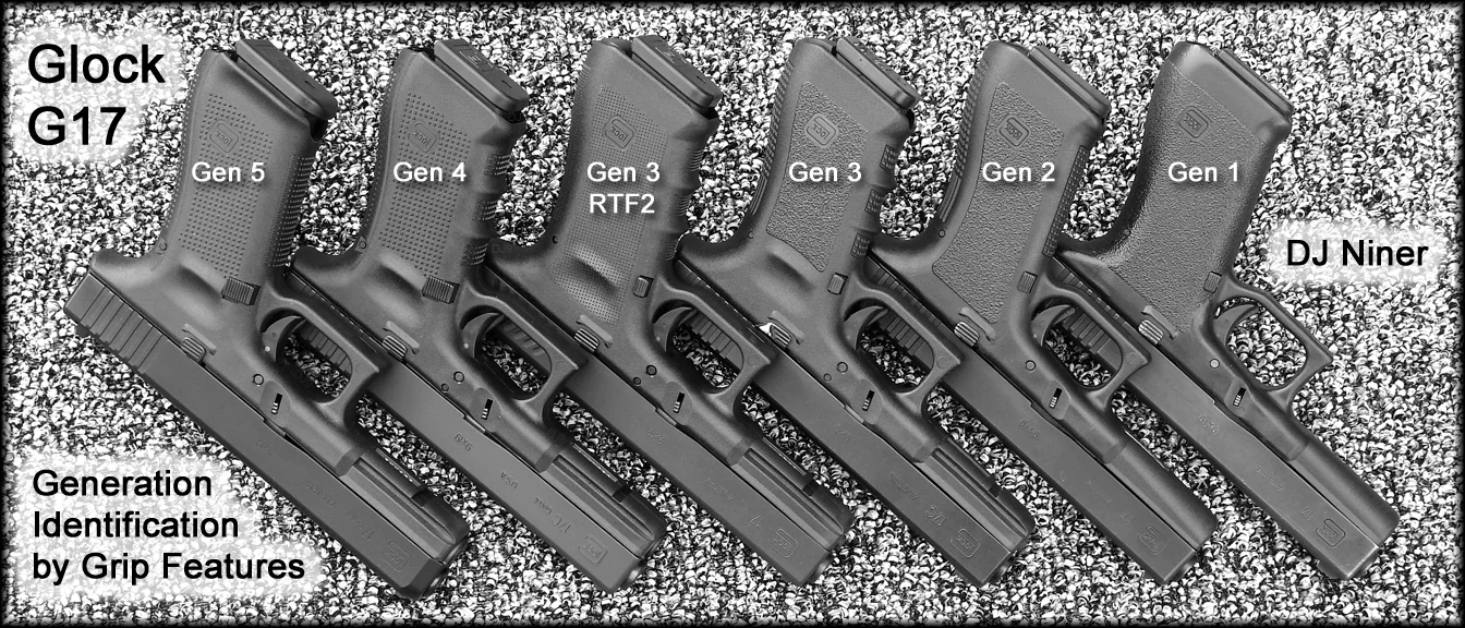 Comparatif visuel du Glock 17 dans ses générations Gen 3, Gen 4 et Gen 5