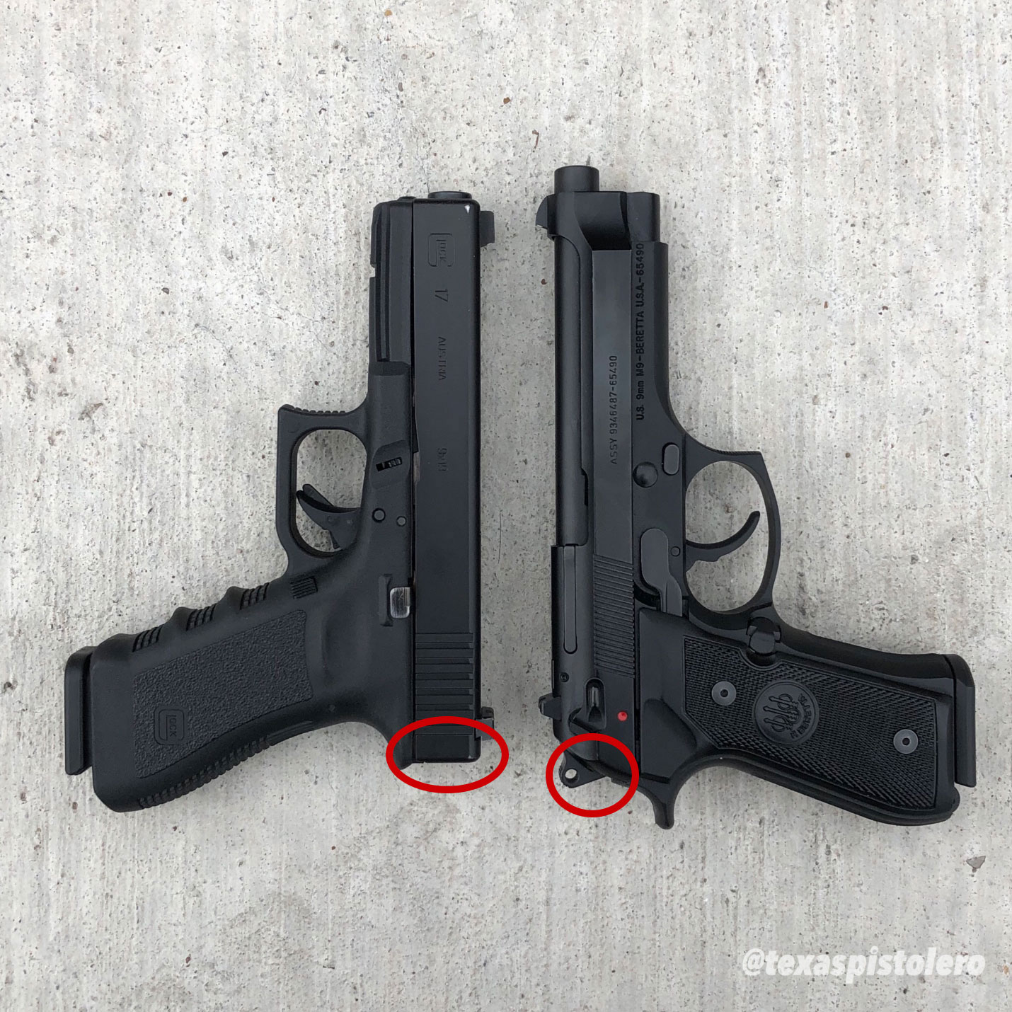 comparatif Glock 17 striker et Beretta 92FS simple action double action avec marteau visible