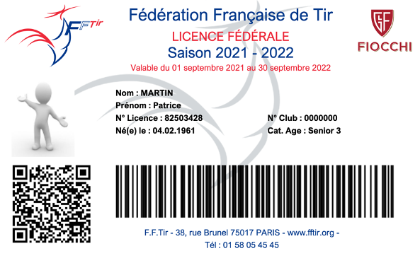 Exemple de licence de la Fédération Française de Tir (FFTir) utilisée pour la pratique du tir sportif