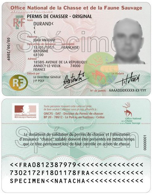Exemple de permis de chasser délivré en France